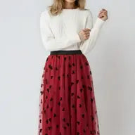 Heart Print Tulle Skirt-Red
