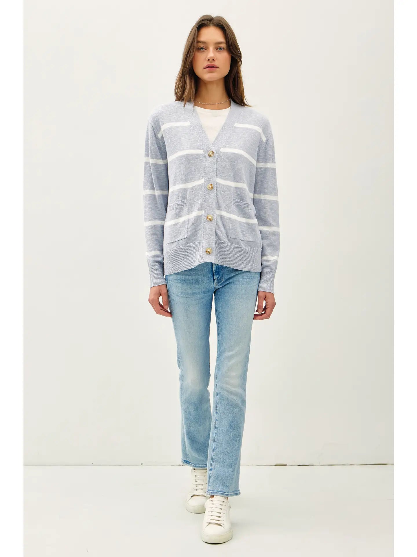 Striped V-Neck Button up Sweater