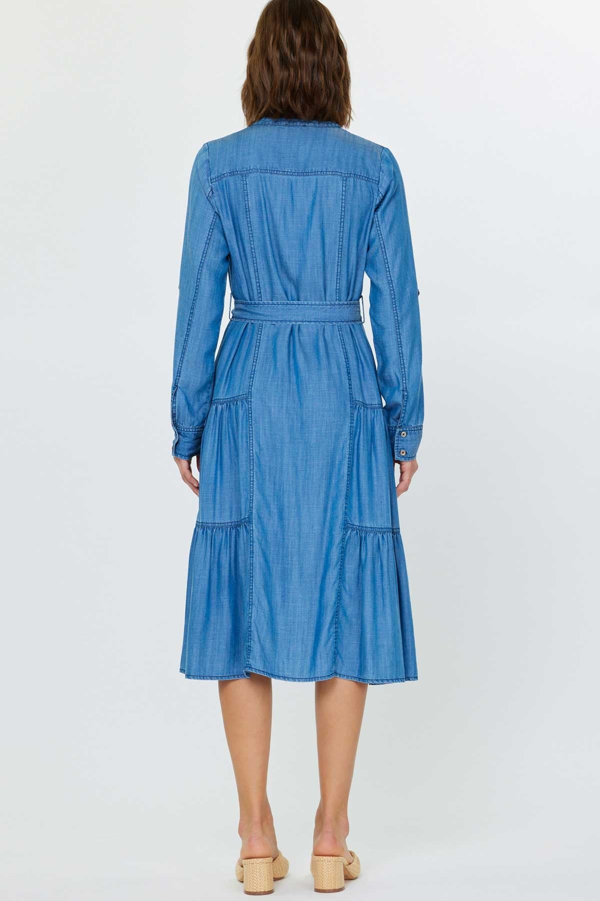 2390077 L-Slv Split Neck Tiered Midi Dress