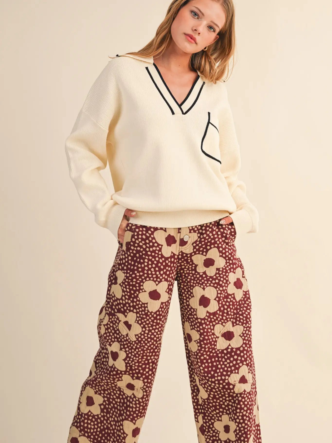 MSW10907 Ribbed Collared Pullover Sweater Ivory