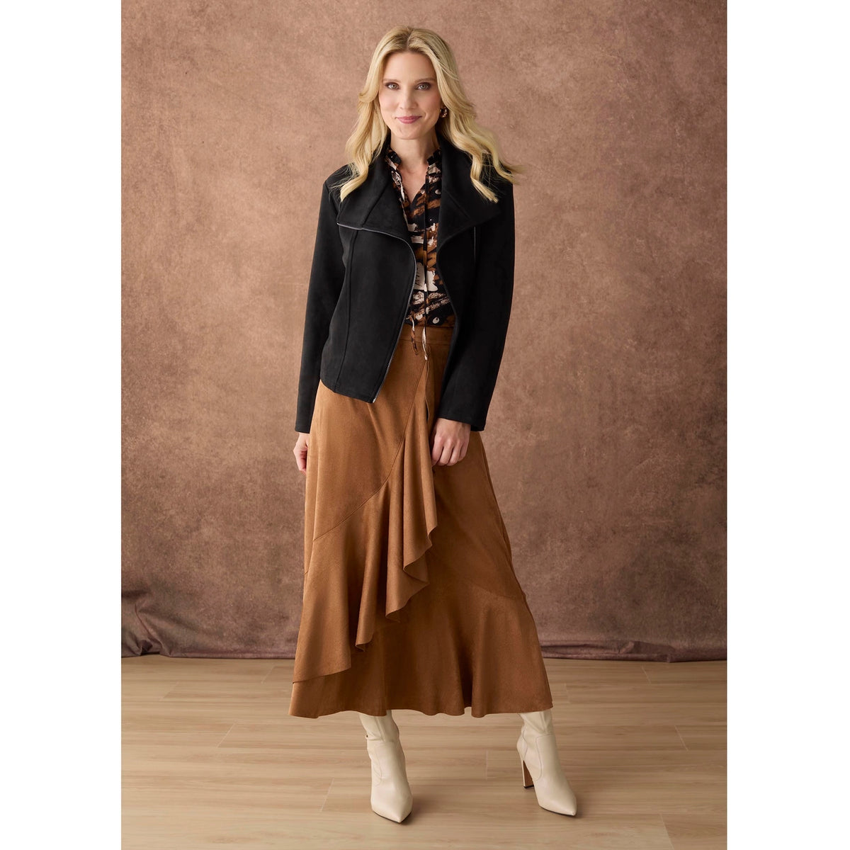 Canyon Faux Suede Skirt with Ruffle - Camel