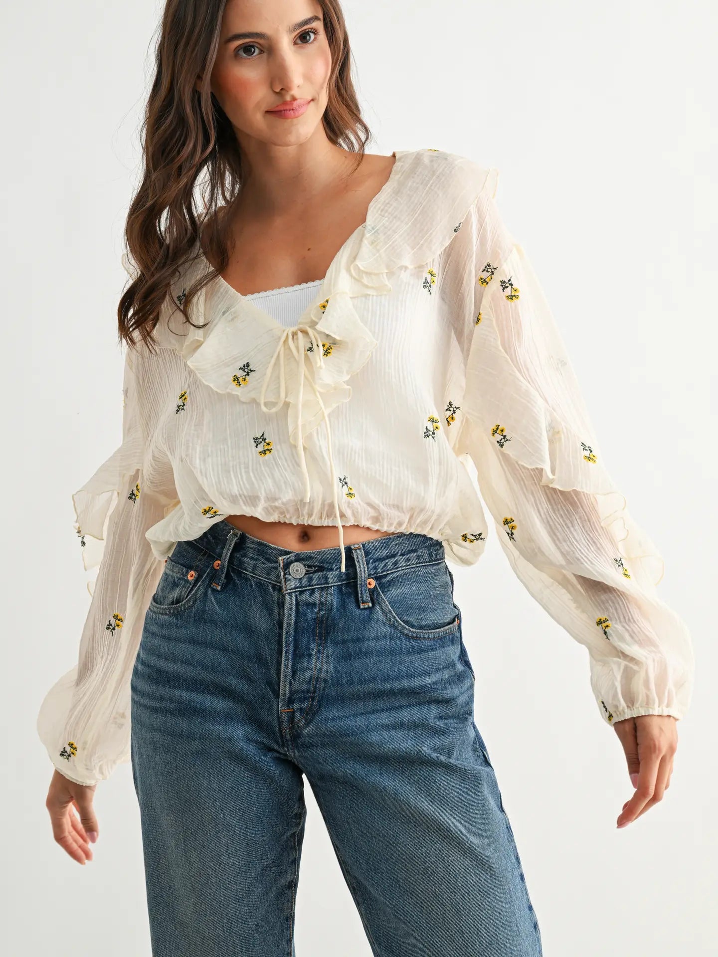 Floral Ruffle Tie Front Blouse