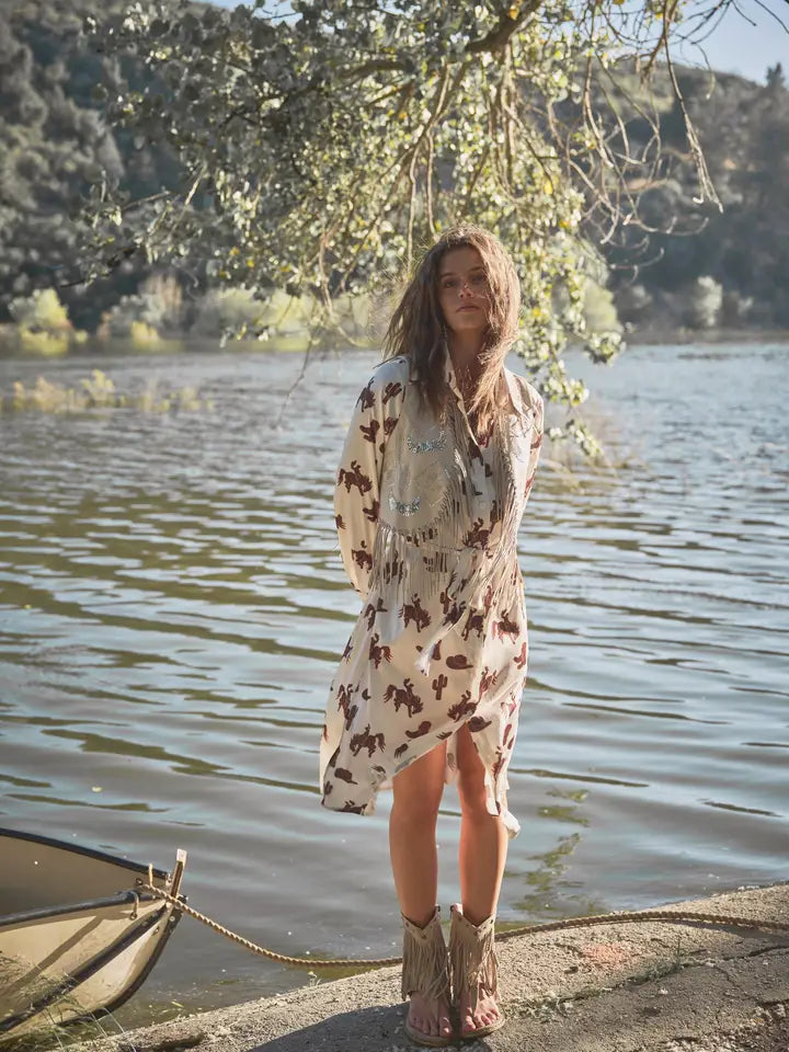 35103D Satin Western Print Shirt Dress