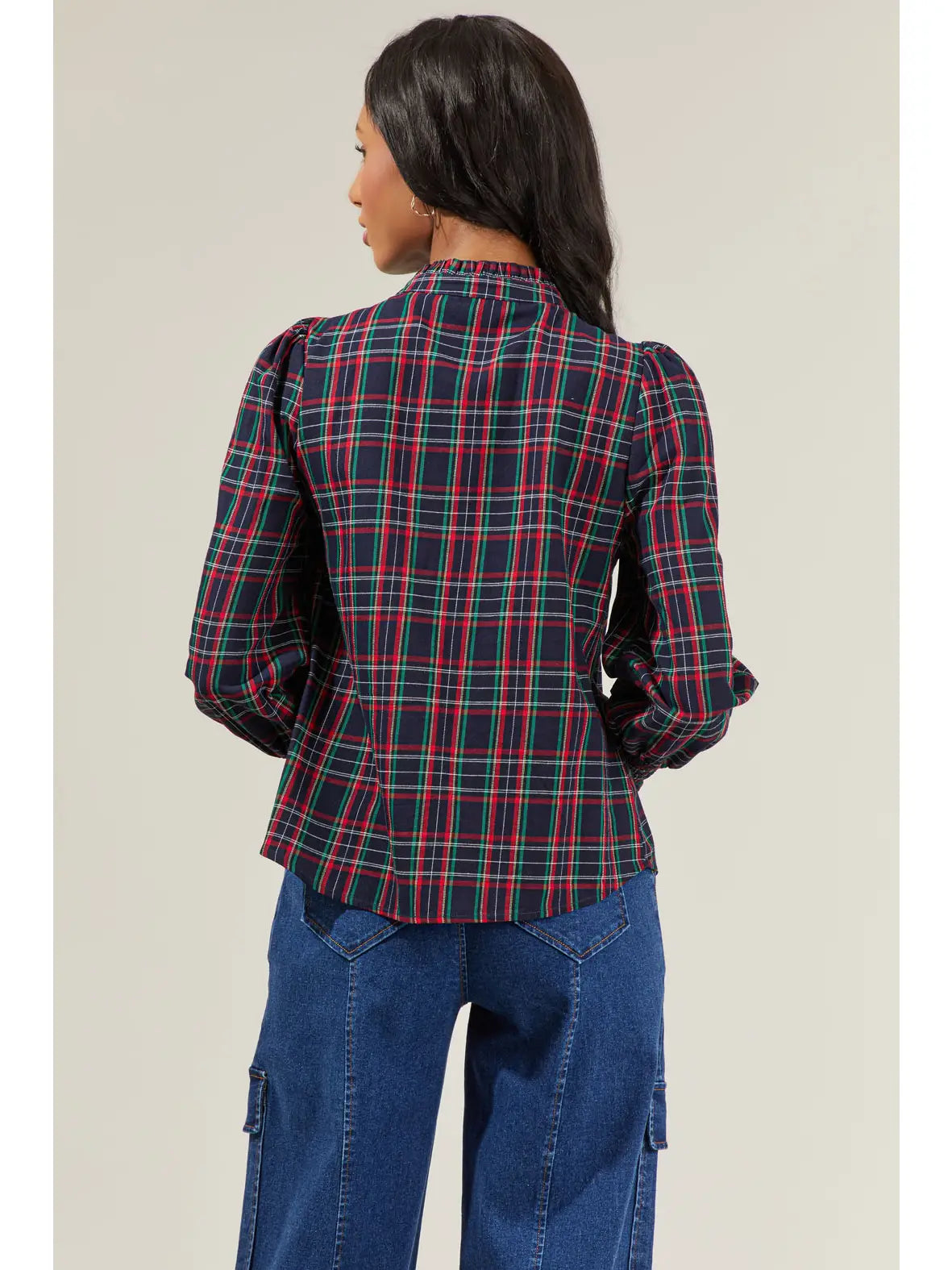 STT17113A Plaid Button Down Top Navy