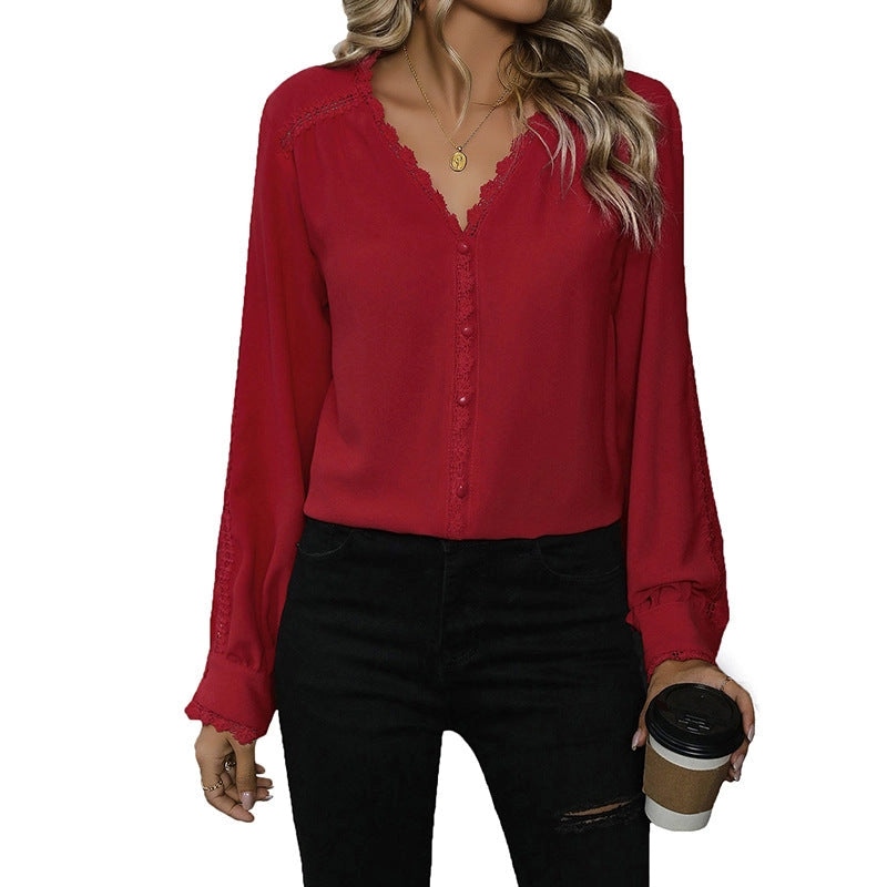 V Neck Long Sleeve Blouse-Red
