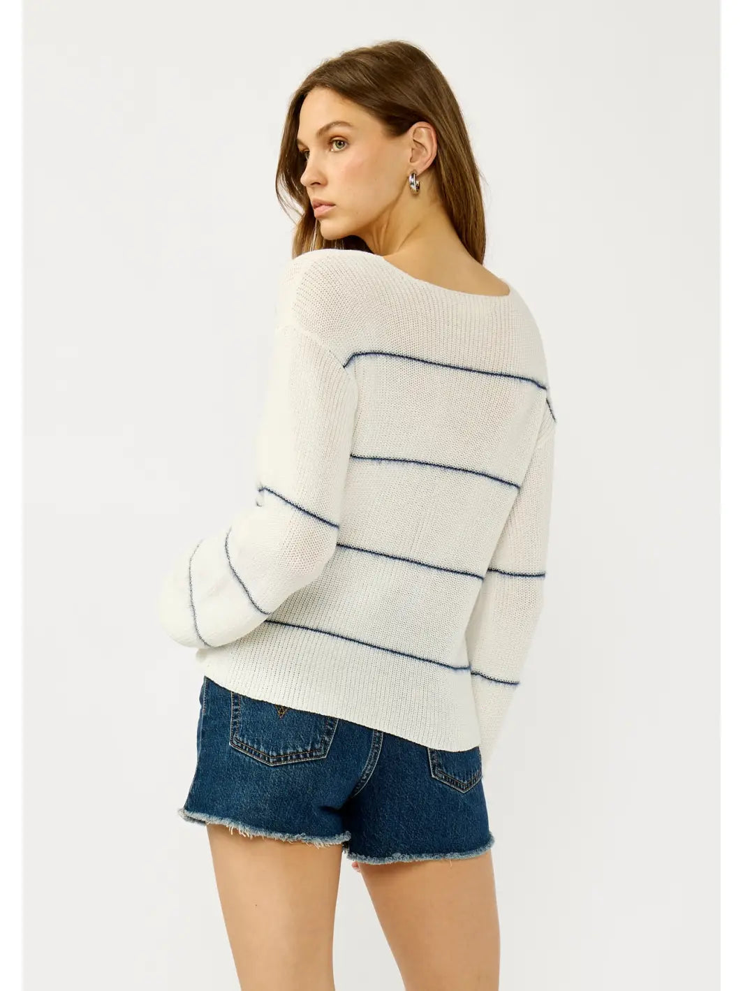 V neck Fuzzy Stripe Sweater Cream/Navy