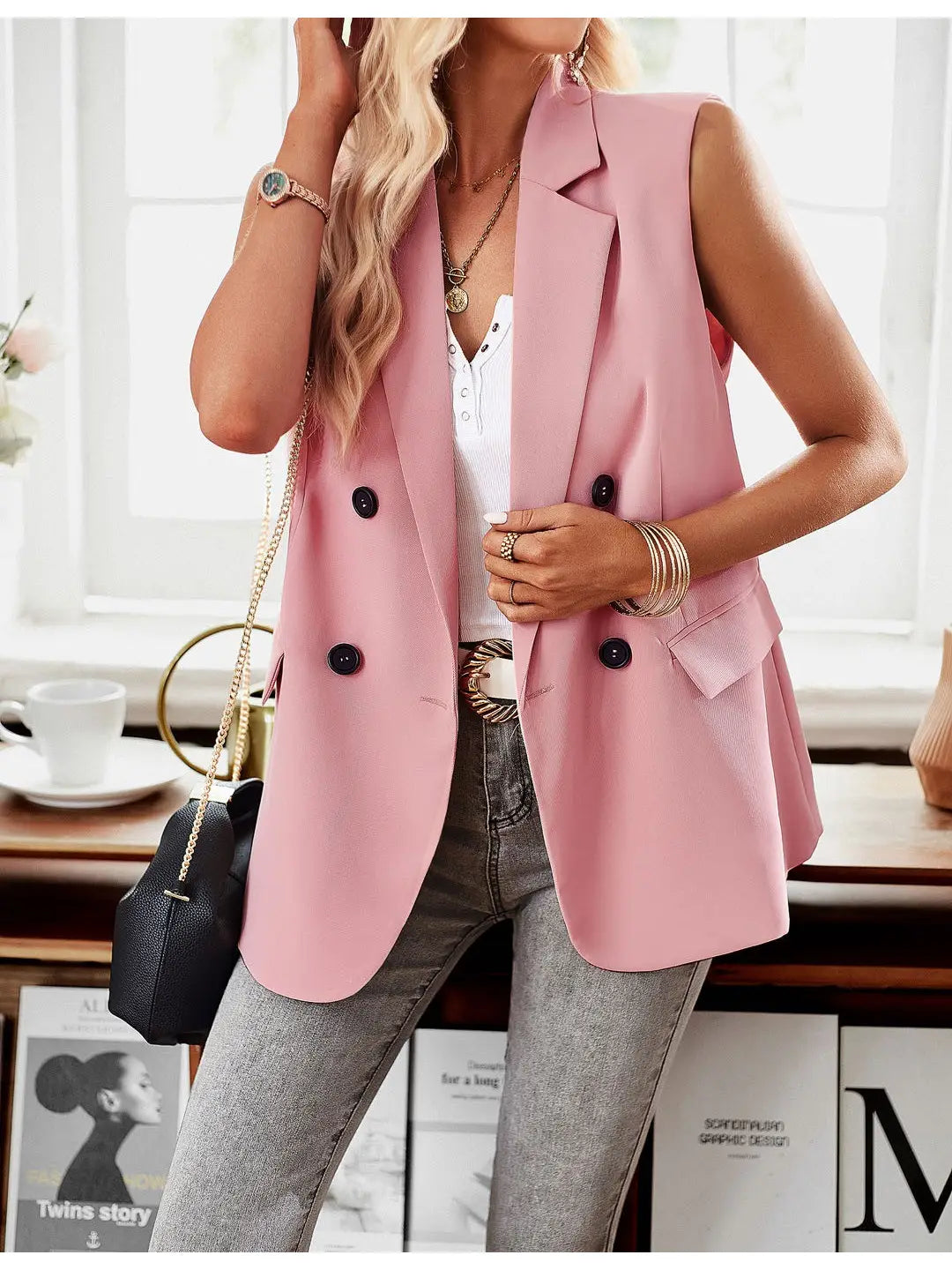 Double Breasted Blazer Vest Pink