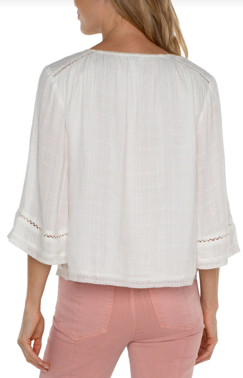shirred woven tie front top off white