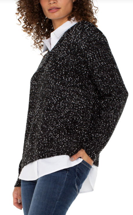 ls 2fer collared sweater blk w wht flks