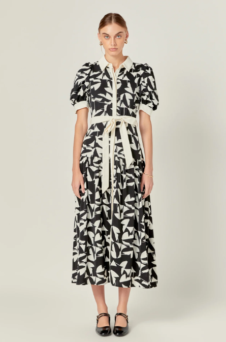 White & Black Printed Midi Dress