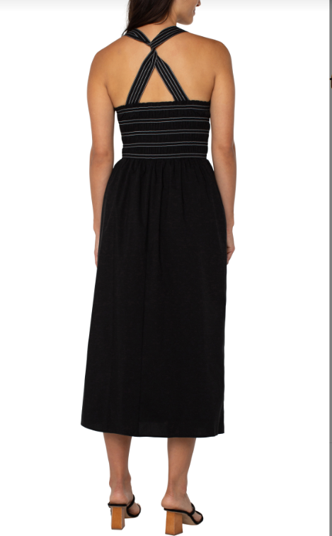 sleeveless smocked woven midi dress