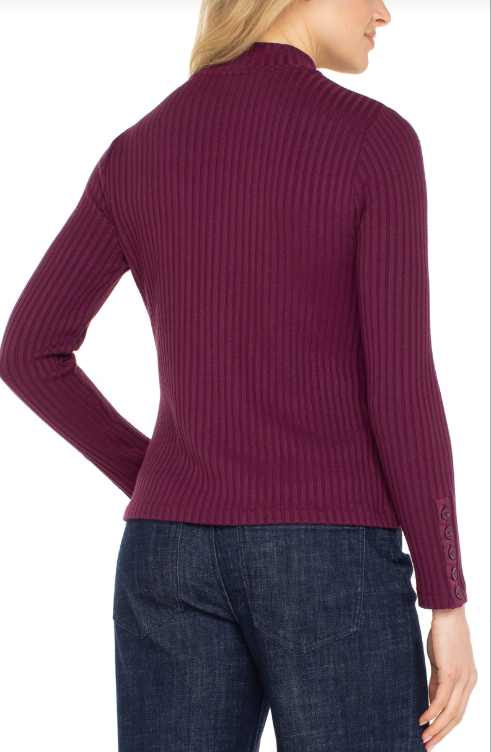 long slv mock neck knit top w/ button detail wine berry
