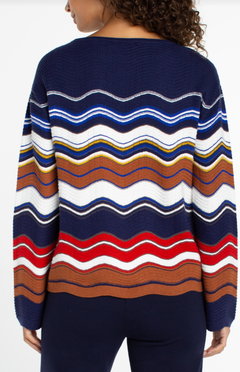 long slv boat neck scallop hem sweater nvy.brw/mlt stp