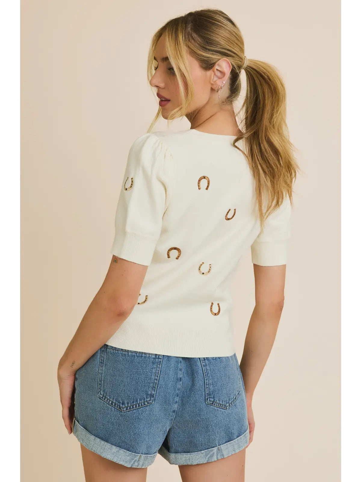 MWT10142 Puff Sleeve Embroidered Knit Top