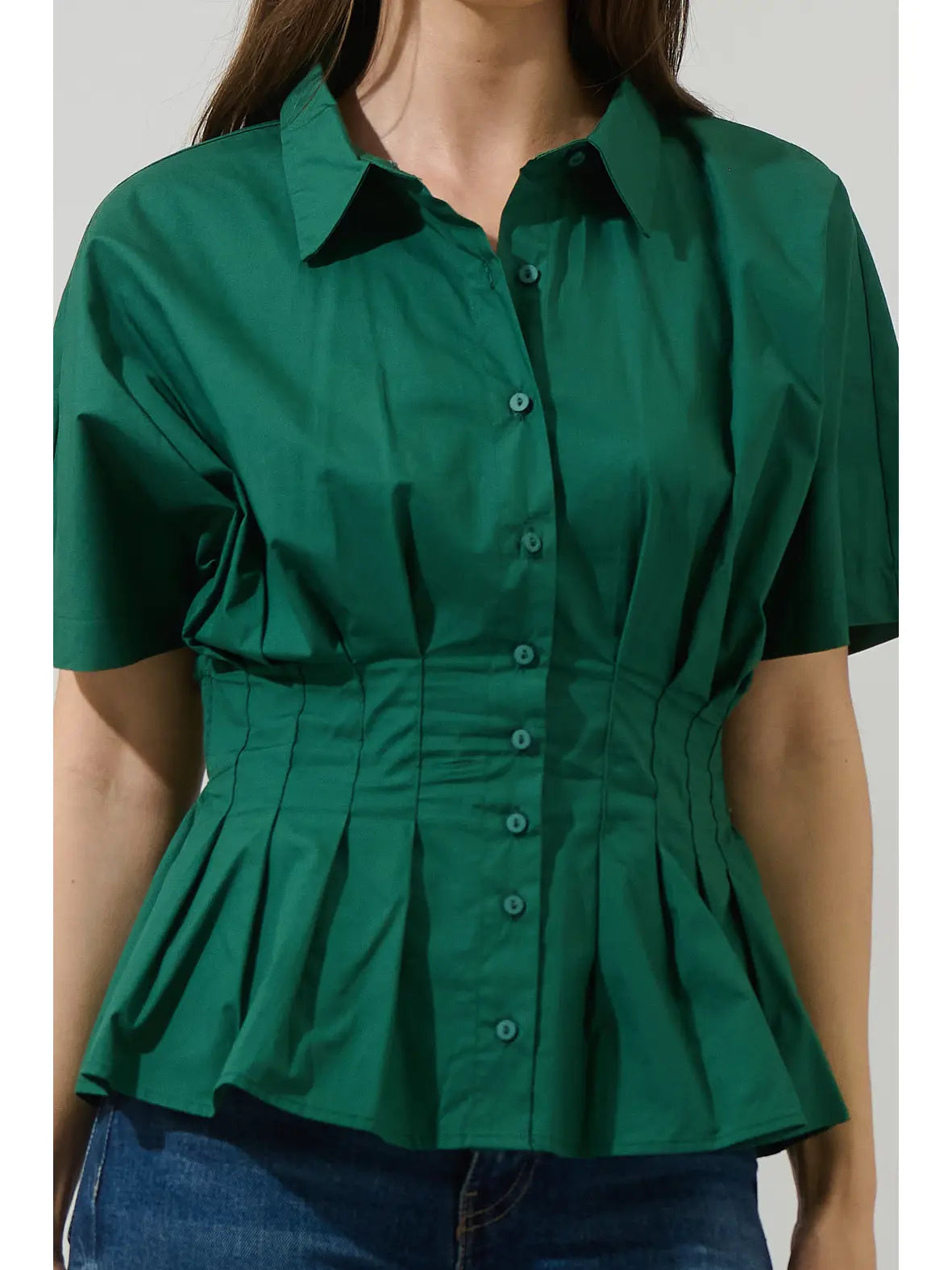 STT17868S Helga Pleated Collared Top Emerald