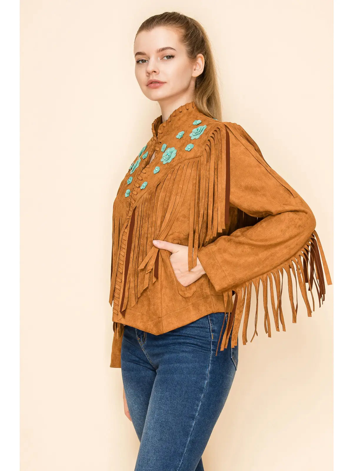 Suede Fringe Jacket w/ Flower