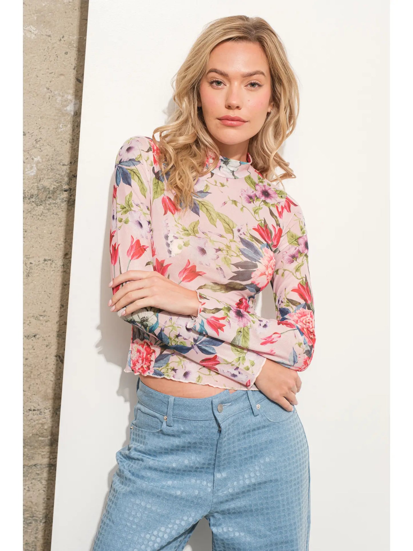 34485T-Print Mesh Mock Neck Top