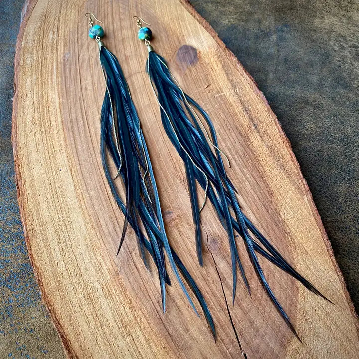 E1163B Freebirds Turquoise & Feather Earrings Black