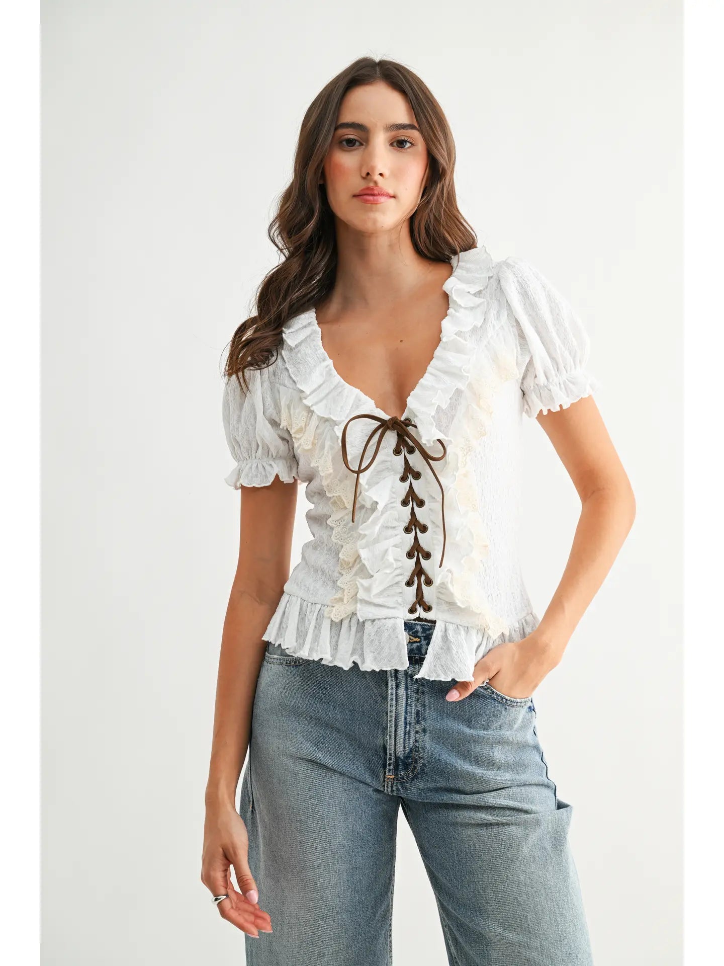 Ruffled Lace Up Peplum