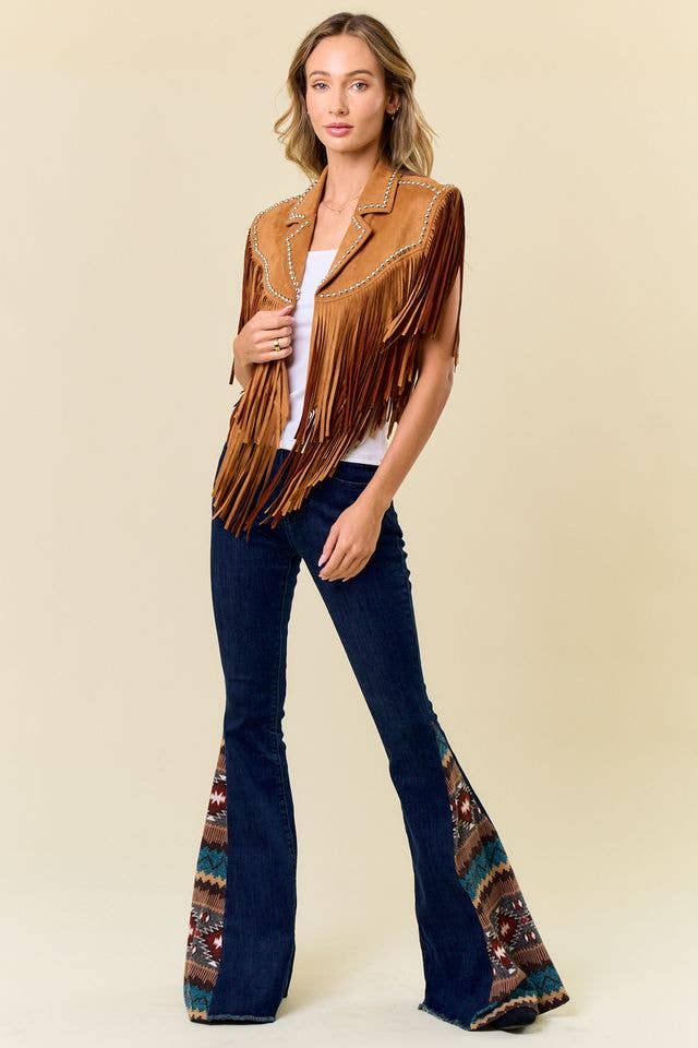 CAMEL STUDDED FRINGE SHRUG