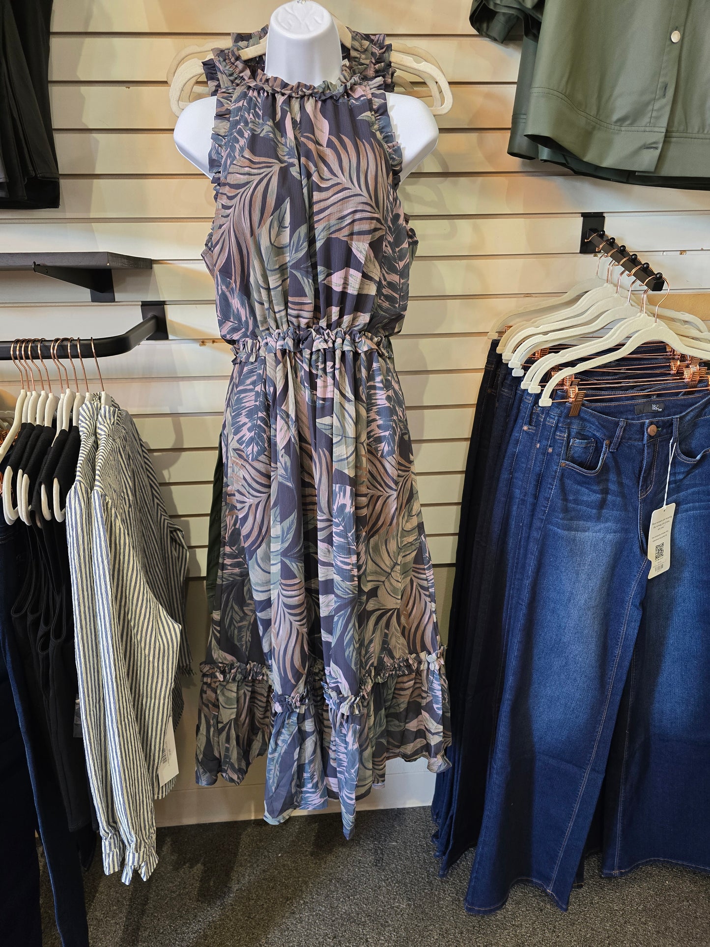 Sleeveless Printed Ruffle Midi Dress