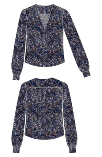Long Sleeve Woven Blouse W Neck Tie - blue/brwn multi