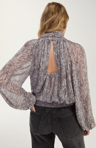 Long Sleeve Shirred Mockneck Woven Top