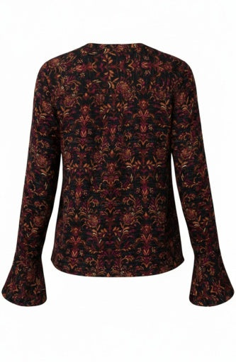 Long Sleeve Band Collar Woven Top with Pintuck Detail