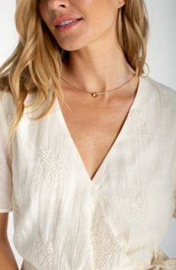 Short Sleeve wrap front woven top w/ tie