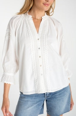 3/4 Slv Button Front Woven top w/ Emb.