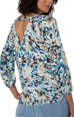 3/4 Sleeve Double Vneck Woven Top Brushstroke Starburst