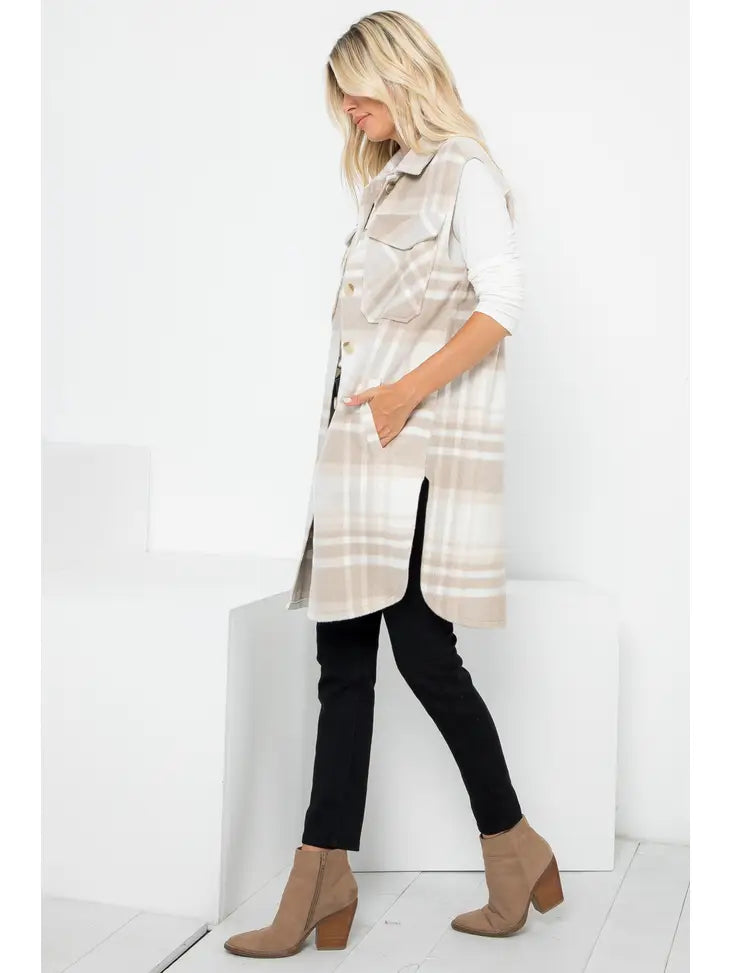 OT52919 Wool Plaid Print Ln Vest Taupe Buffalo