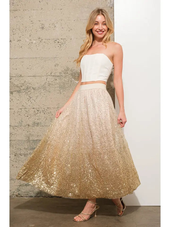 34577S Gradient Sequin Tulle Skirt Gold