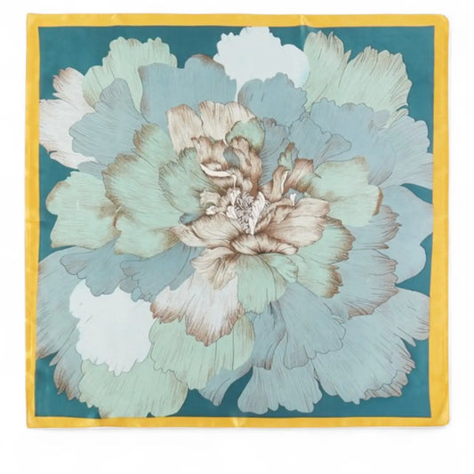 Peony Flower Print Silky Scarf Teal