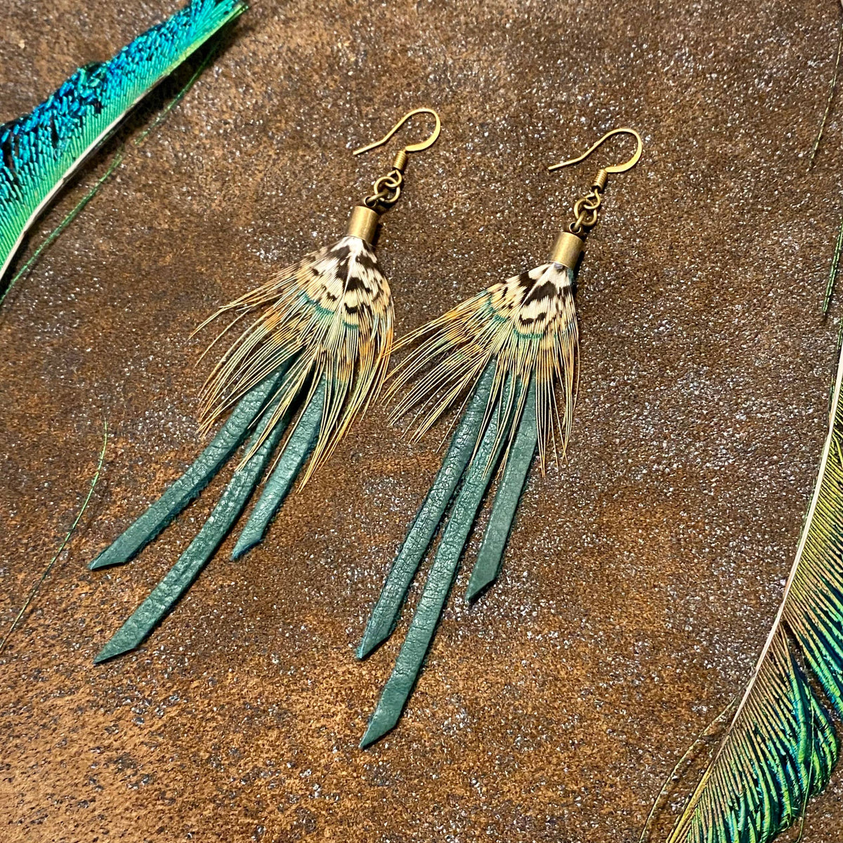 Feather Mini Earrings - Hunter Leather & Pheasant Feather