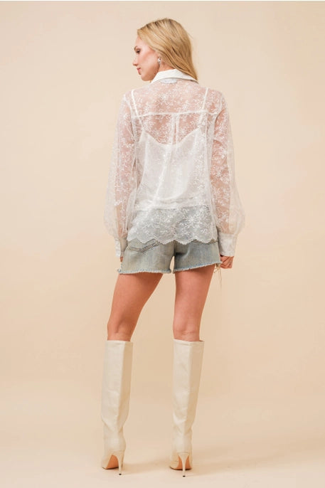 34903T Lace Sheer Metallic Blouse White