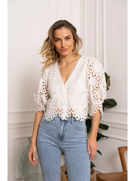 81010 Selena Guipure Lace Crop Blouse White