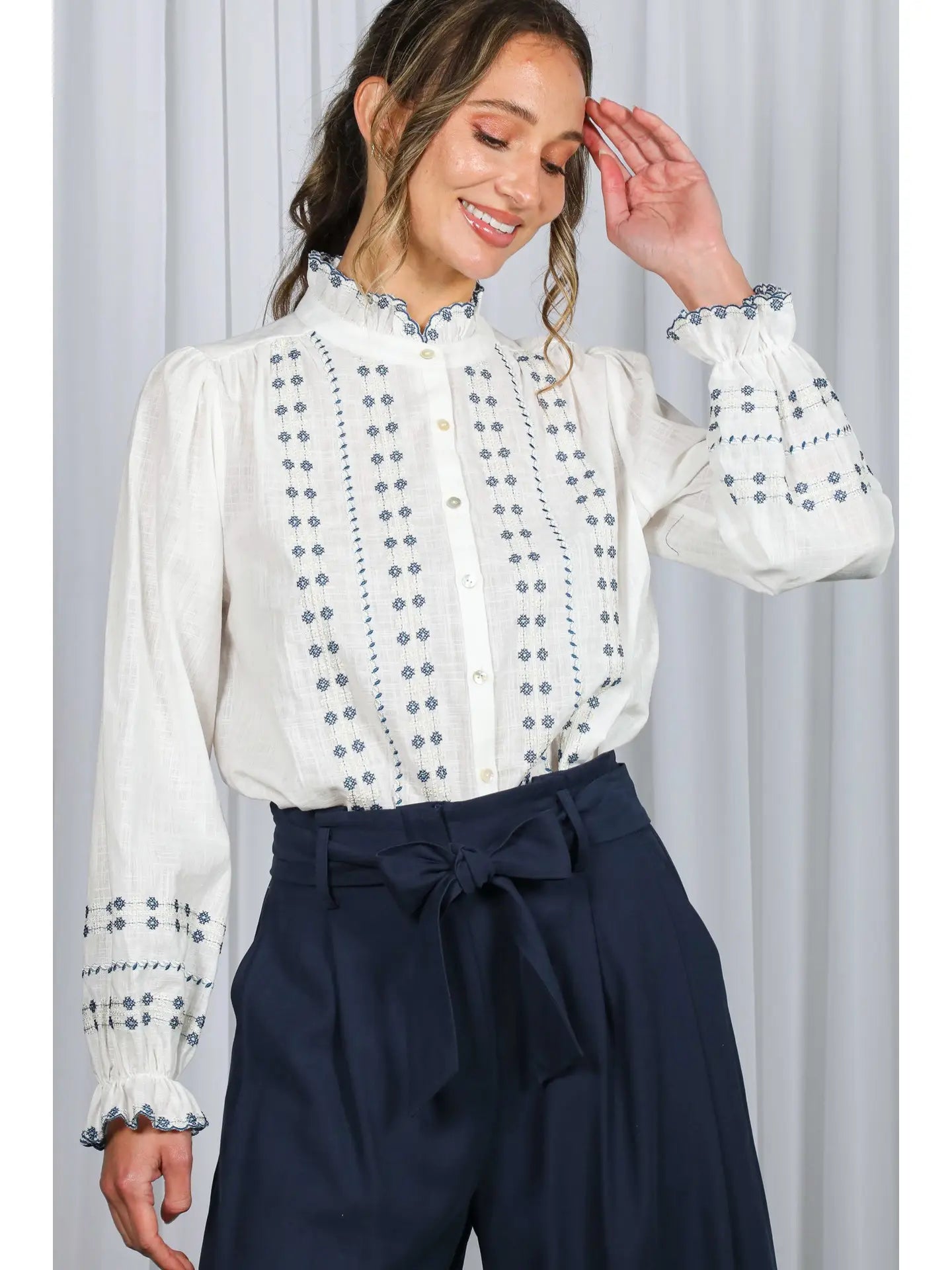 VT82879 Ruffle Embroidered Blouse Top