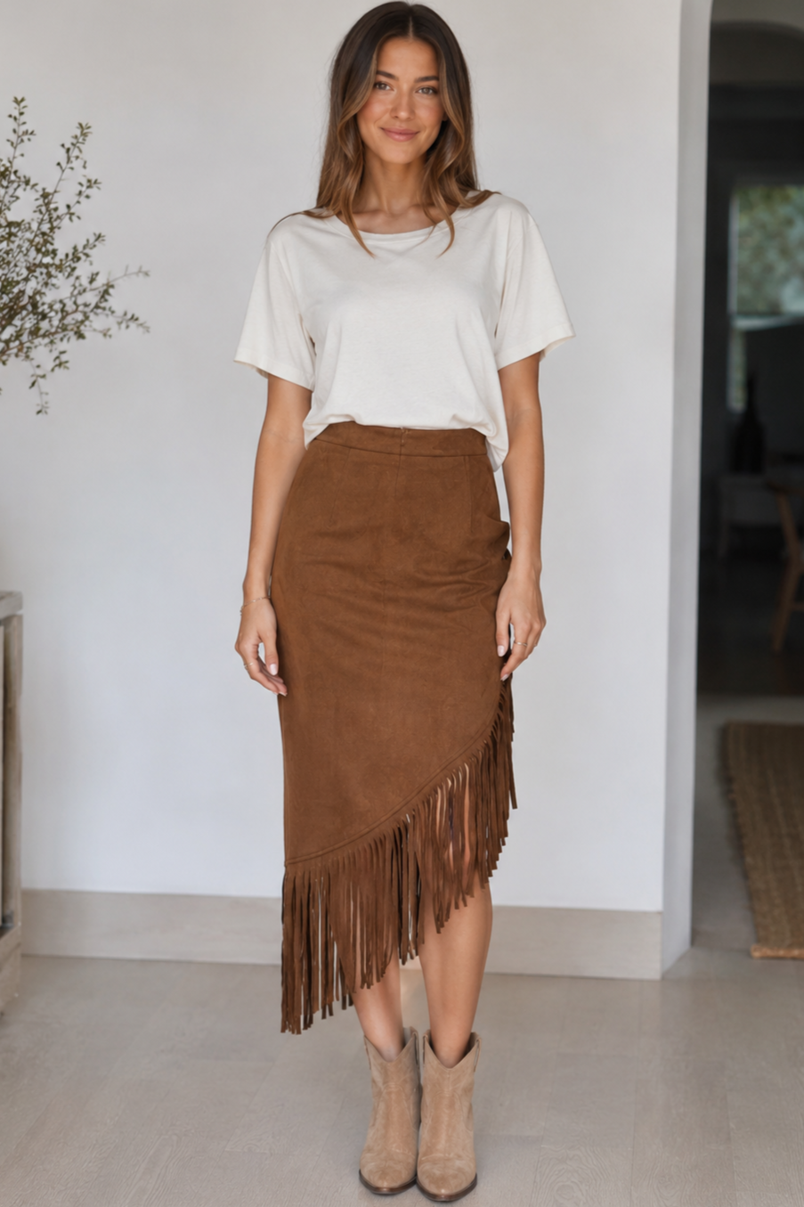 Miss Sparkling Suede Fringe Midi Skirt