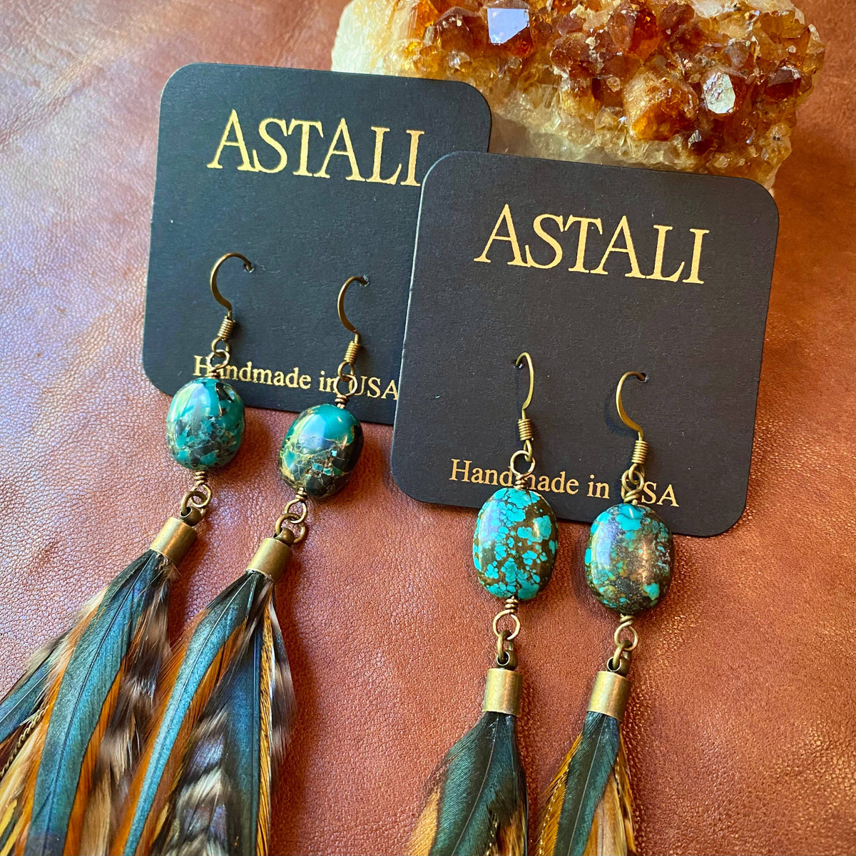 Turquoise & Long Feather Earrings - Cree Mix, Boho Western