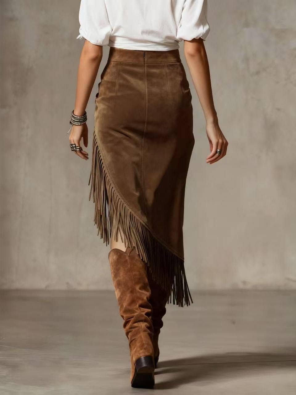 Miss Sparkling Suede Fringe Midi Skirt