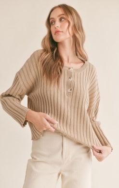 AG1410 Ribbed Sweater W/Buttons Taupe