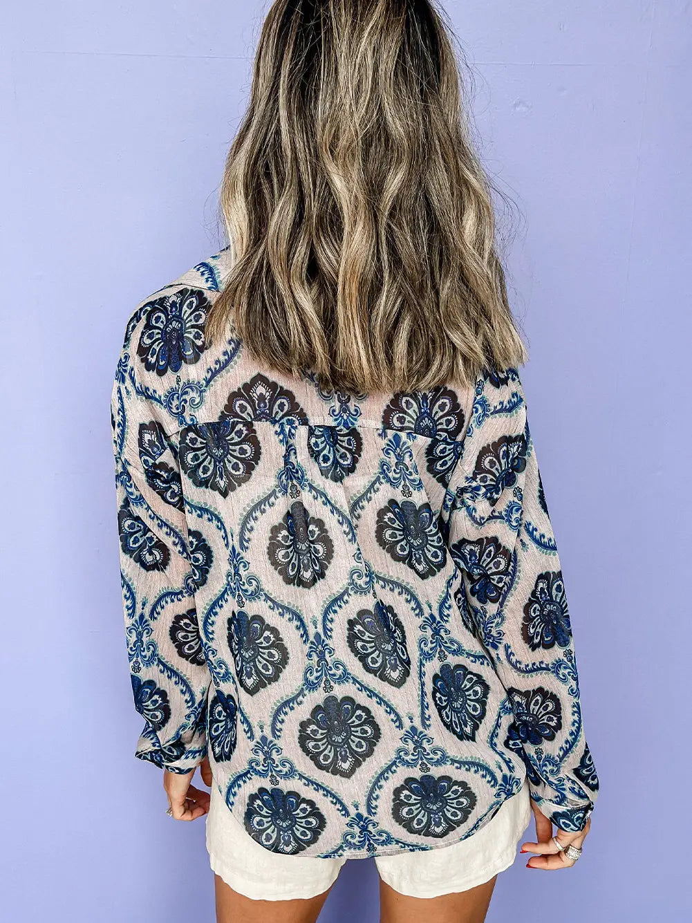 LC2555373 Blue Tribal Loose Front Shirt