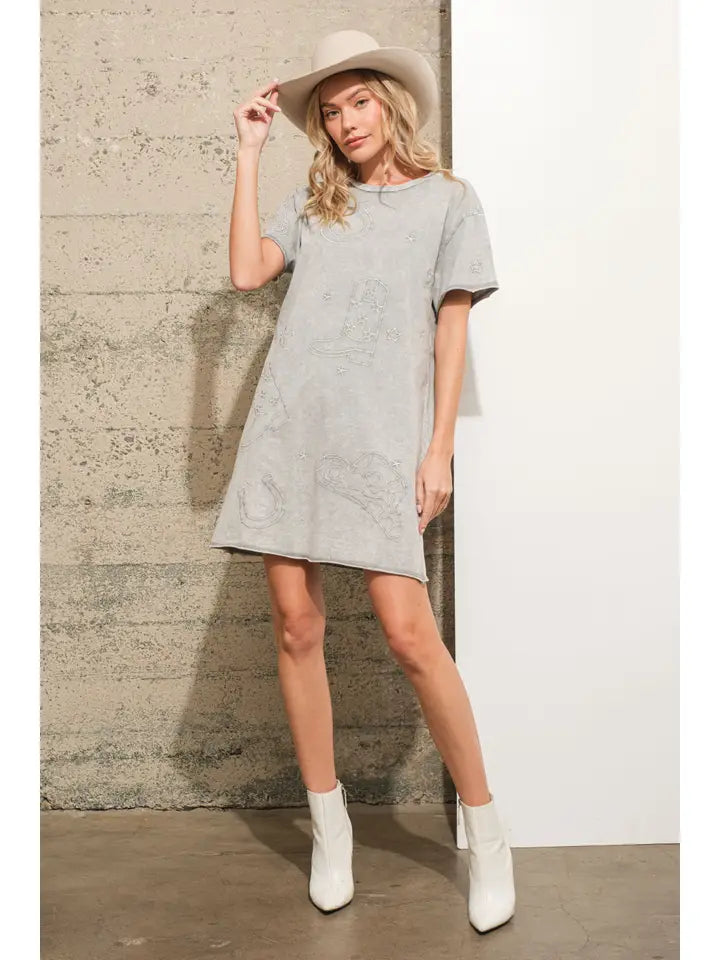 22764D Garment Washed Crew Neck Shirt Dress