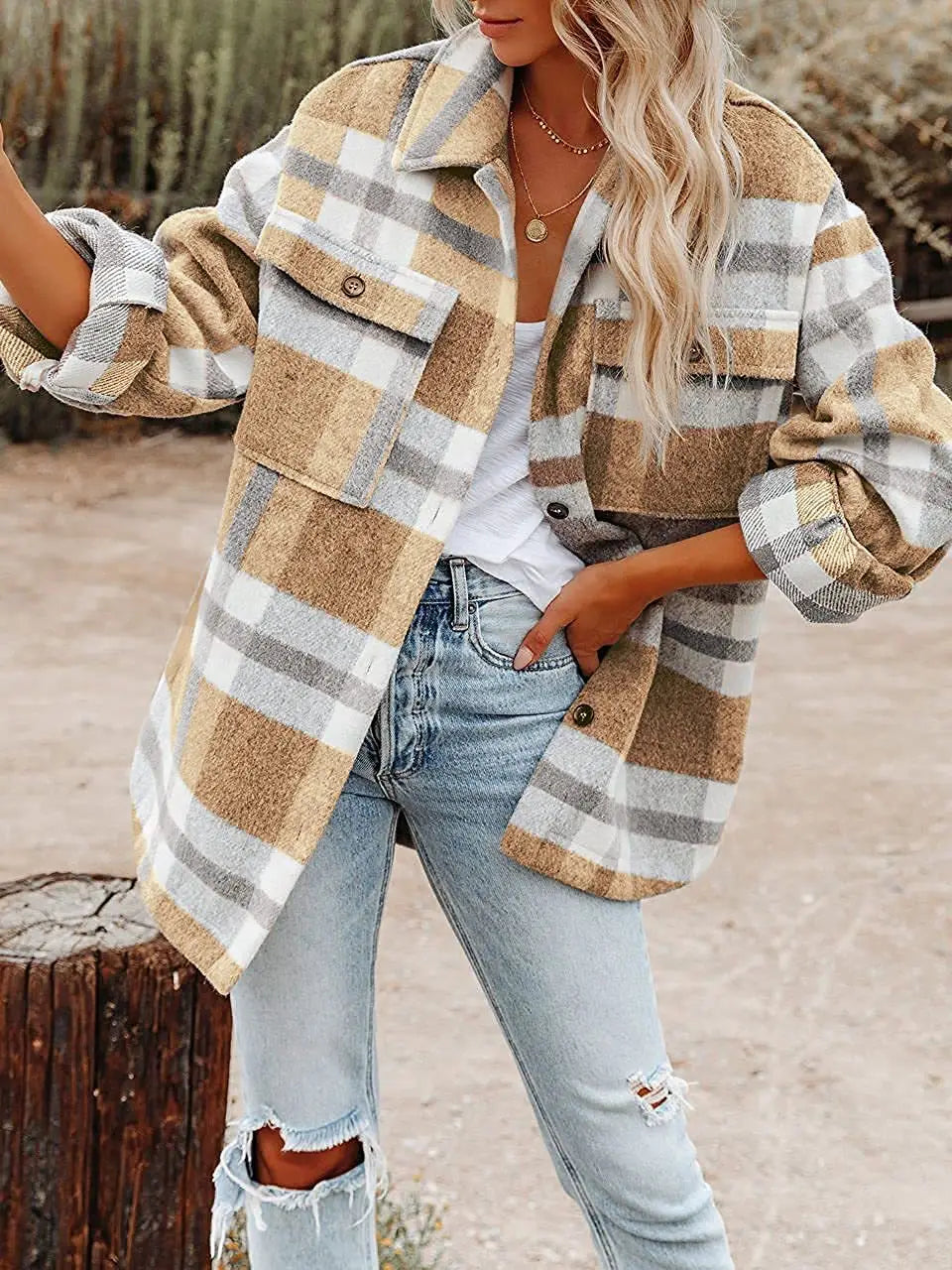 Lovesoft women's plaid shacket khaki