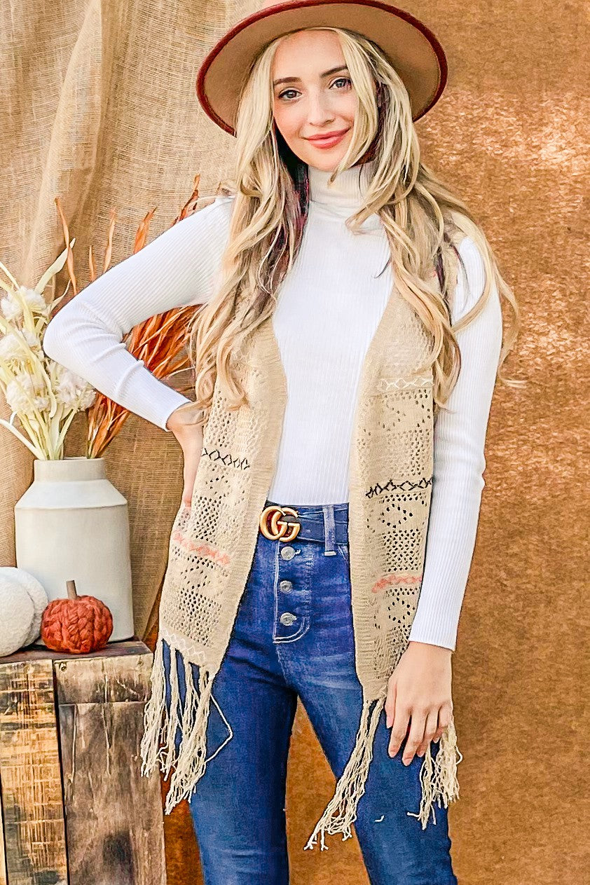 BA12549  Textured Vest Cardigan Fringe Taupe