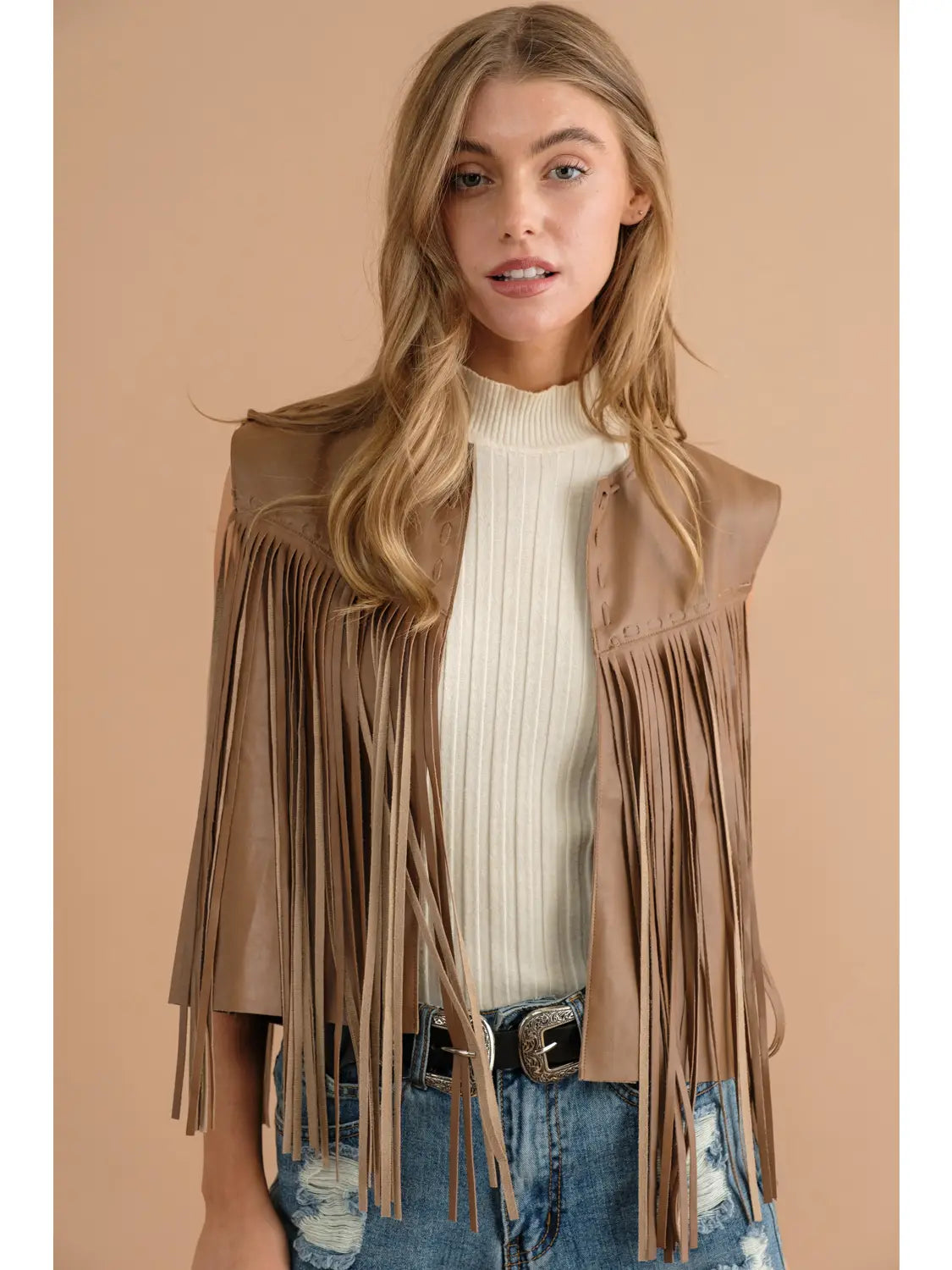 32460J Faux Leather Fringe Vest