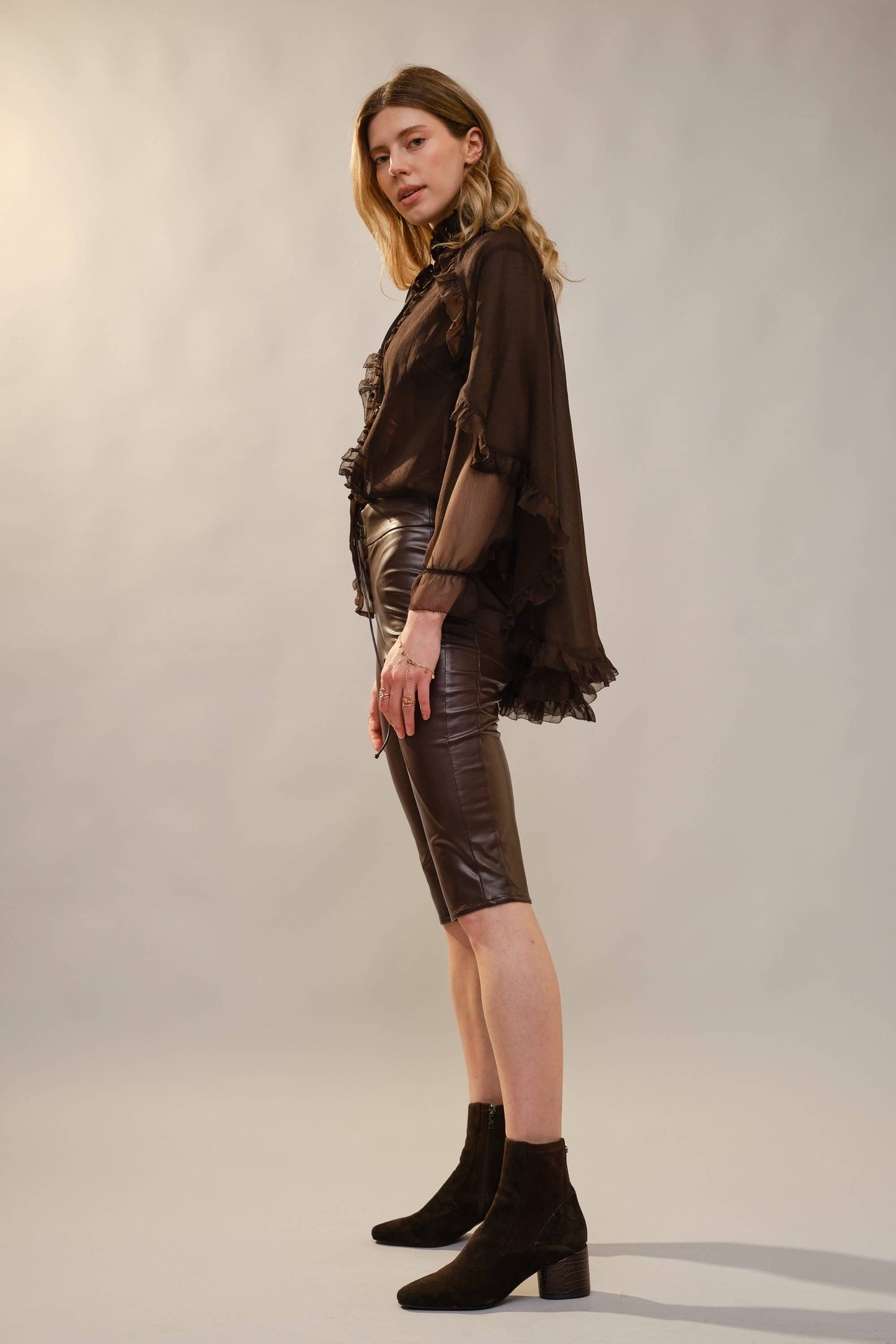 Mock Neck Ruffle Cape Blouse