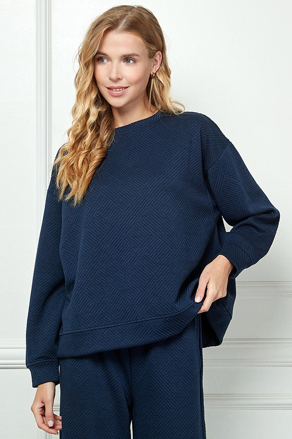 T3274 Textured Sweatshirt Lounge Top Navy