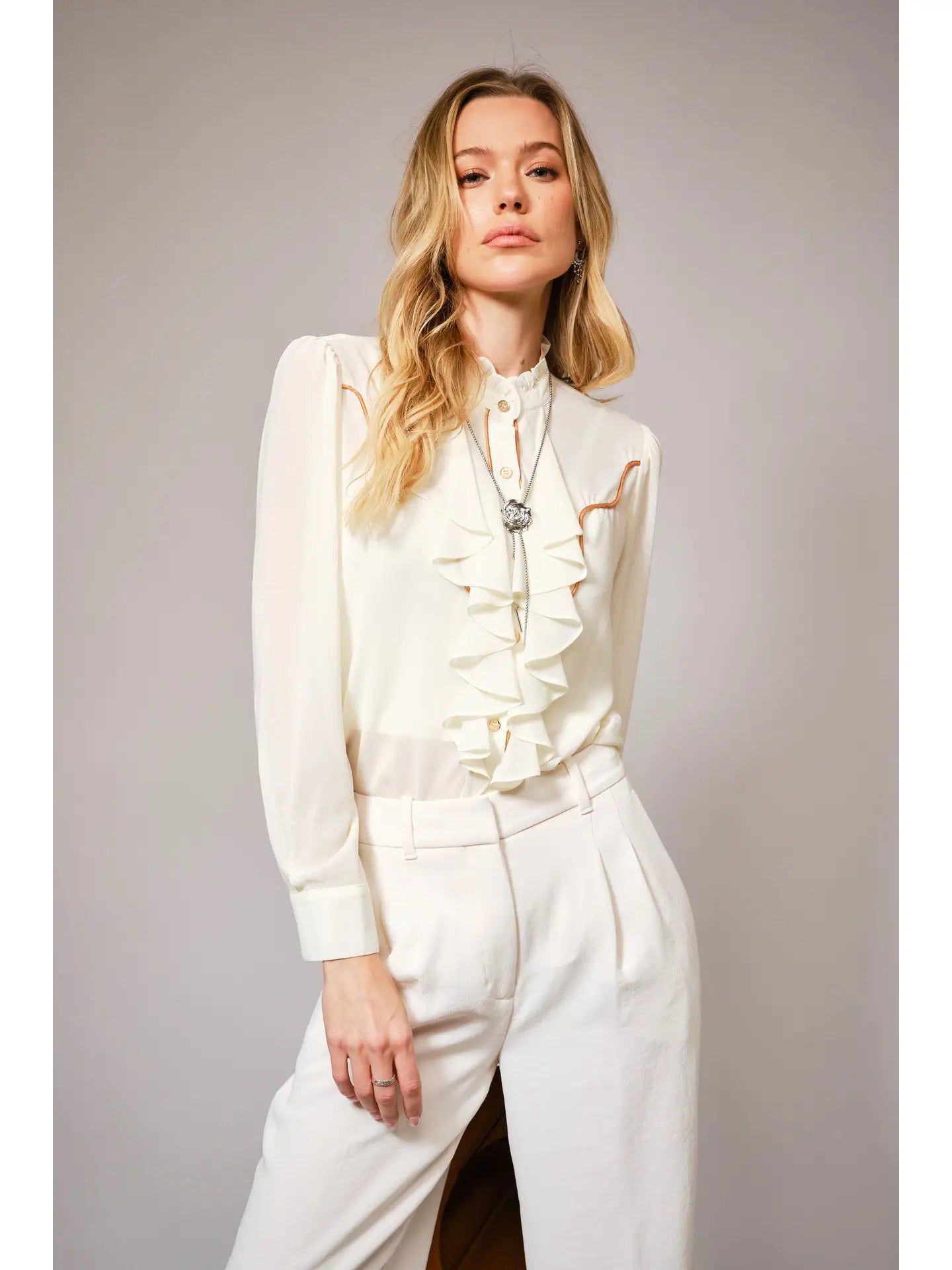 36872T Chelsea Ruffle Button Up Blouse